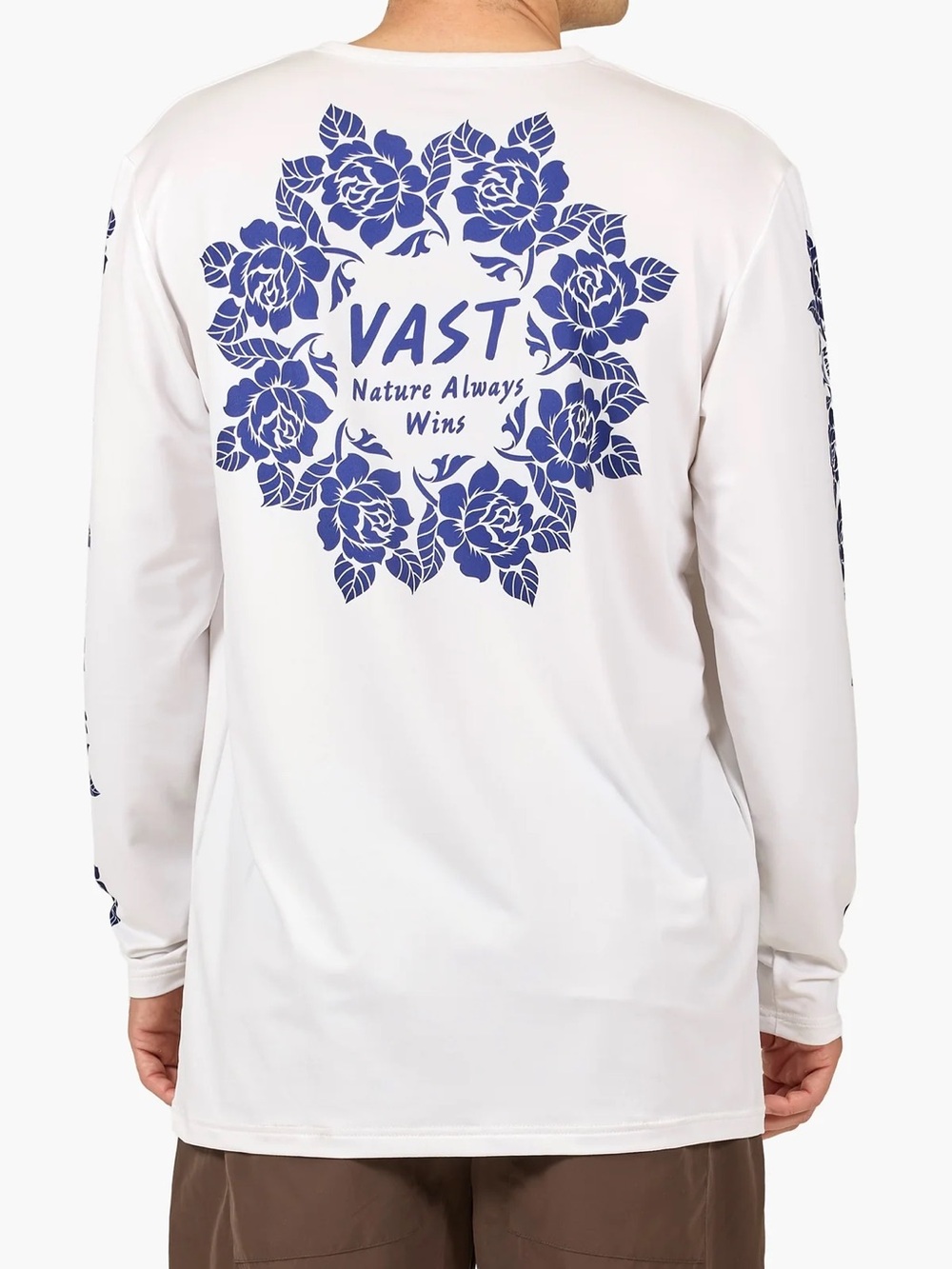 Men’s White Long-Sleeve Graphic Tee - Blue Floral Back Print